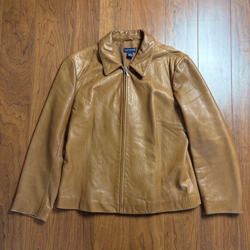 Ann Taylor Womens Large Camel Tan Leather Zip Front Jacket Classic Minimalist